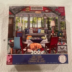Lake Cabin Puzzle by Tracy Flickinger - Cozy Red & Blue Living Room